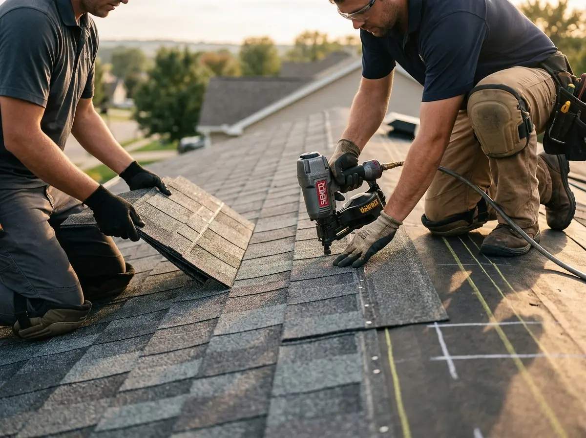 Professional roofer working on a residential roof in Crete